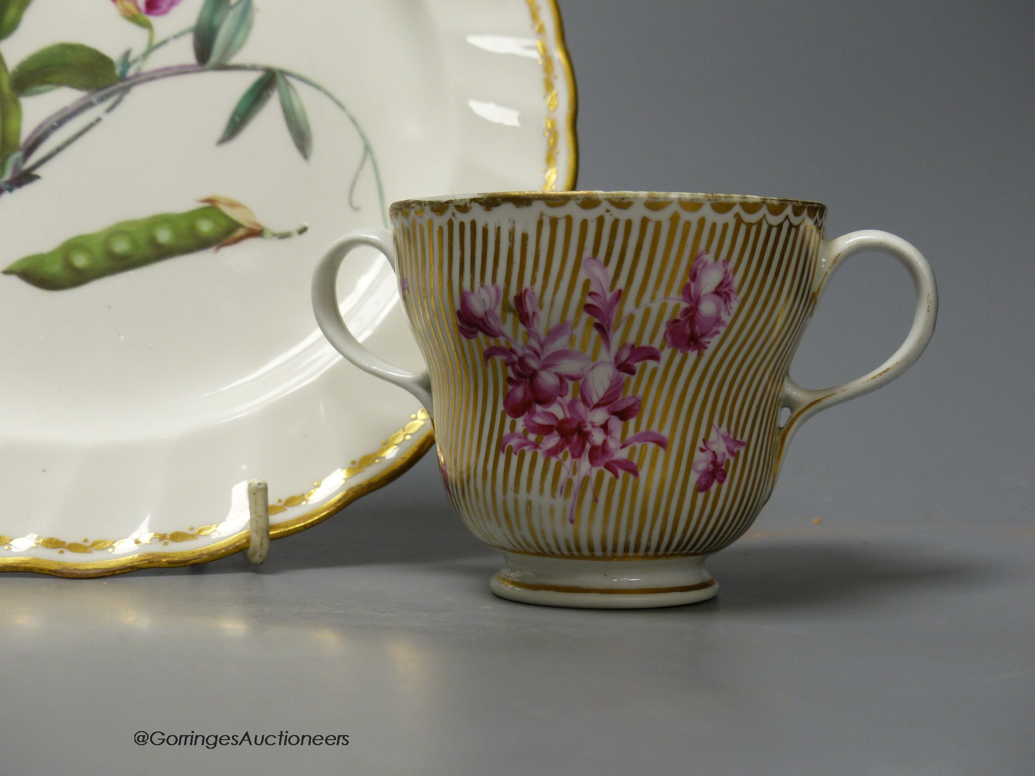 A Derby botanical plate painted with jointed prodded Lathyrus, titled, blue mark pattern 141, 22.5cm diameter and a Chelsea Derby period two-handled chocolate cup with puce flowers on a line gilded ground